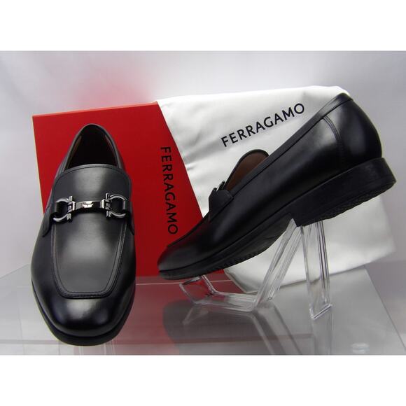 NIB FERRAGAMO REE BLACK LEATHER LOGO GANCINI LOAFERS 13 EE ITALY main image 8